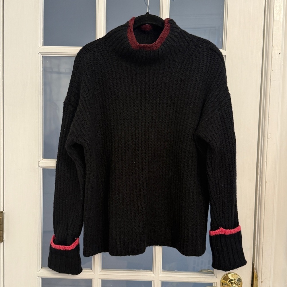 ANTHROPOLOGIE MAEVE Women's Black Contract Trim Chunky Knit Turtleneck Sweater